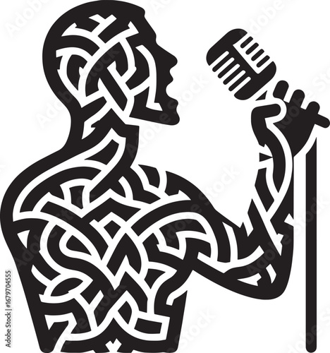 Creative Silhouette of a Singer Performing with a Microphone and Artistic Pattern Design