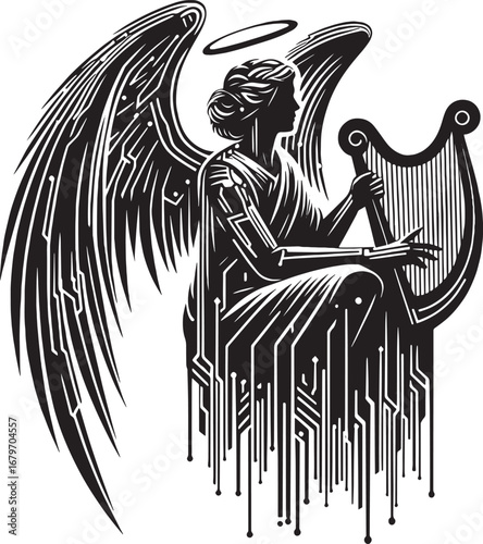 Digital Angel Playing Harp: A Fusion of Technology and Heavenly Music in Black and White