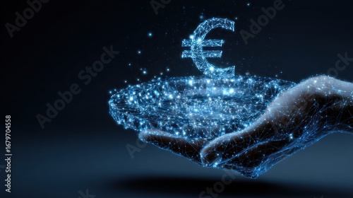 Hand holding a digital euro sign