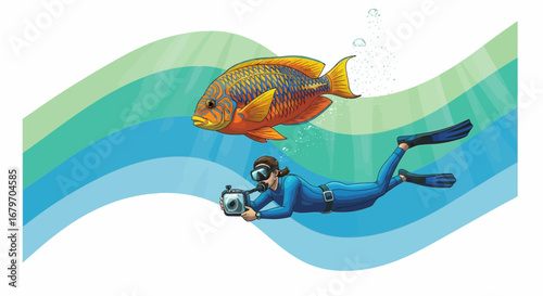 Diver photographing a colorful fish underwater in ocean illustration of marine life.