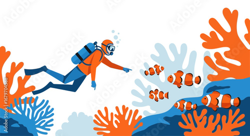 Diver Observing The Underwater World With Beautiful Coral Reef And Fish Illustration