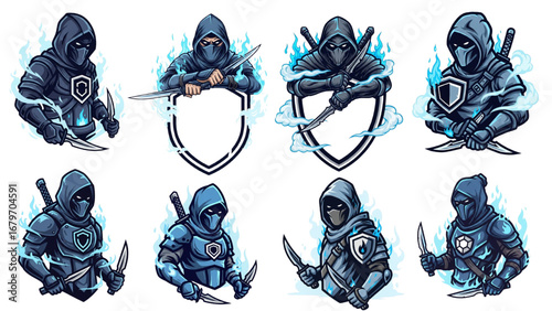 Stealth Warrior Esports Mascot Logo Vector, Tactical Armor 3/4 View, Dual Knives, Icy Mist and Blue Fire Accents, Geometric Shield Badge, Intense Rim Light, Large Beveled Wordmark, Thick Stroke, Minim