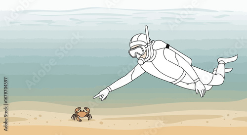 Diver Pointing At A Crab Underwater In A Whimsical, Simplified Artistic Illustration
