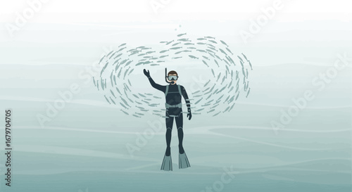 Diver Surrounded By School Of Fish, Underwater Exploration, And Marine Life Interaction