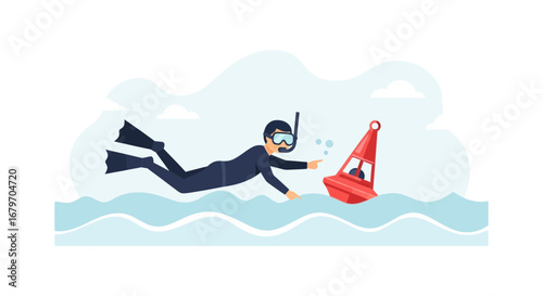 Diver Swimming Alongside a Red Buoy, Exploring the Depths of the Ocean, Conceptual Illustrative