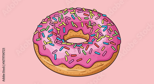 Delicious Cartoon Donut with Pink Frosting and Colorful Sprinkles on a Pink Background