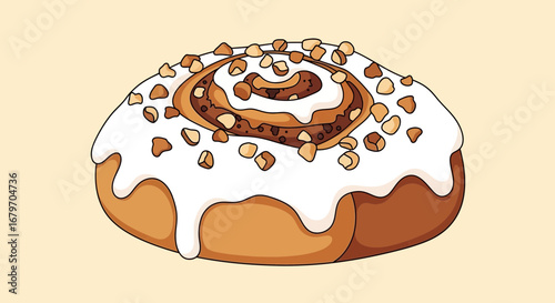 Delicious cartoon illustration of a cinnamon roll with frosting and chopped nuts