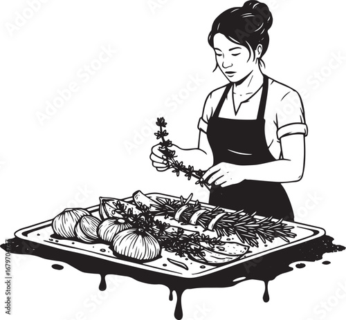 Woman in apron preparing a dish of roasted vegetables and herbs