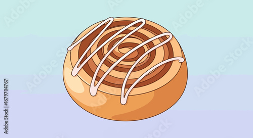 Delicious cartoon illustration of a freshly baked cinnamon roll with frosting topping