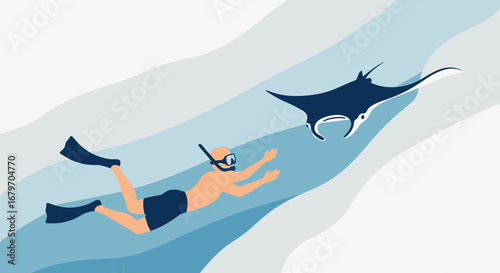 Diver Swimming Close To A Manta Ray Inside The Beautiful Blue Ocean With Style