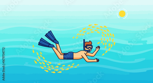 Diver Swimming Amongst School Of Fish Under The Sea With Sun Above, Vector Illustration