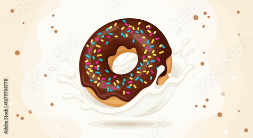 Delicious chocolate donut with sprinkles on a white creamy background illustration