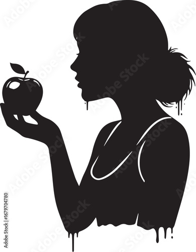 Silhouette of a woman holding an apple, dripping, on white backd