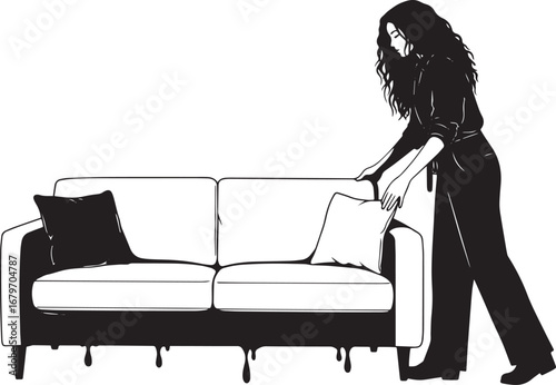 Elegant interior staging by a woman placing a pillow on a minima