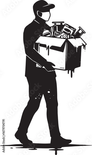 Delivery worker silhouette carrying a box during health crisis e