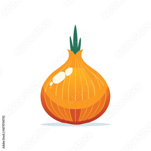 Brightly colored cartoon onion with green sprouts and reflective highlights on a clean background