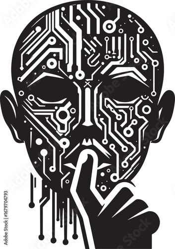 Conceptual illustration of an AI face with circuit board design and finger over lips symbol