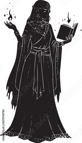 Enchantress casting spells, holding an open book, with magical f