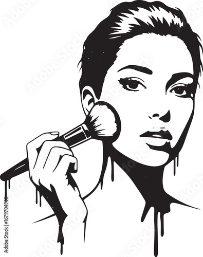 Elegant woman applying makeup with a brush in monochrome art sty