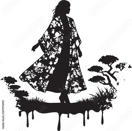 Elegant silhouette of woman in floral kimono standing in a zen g