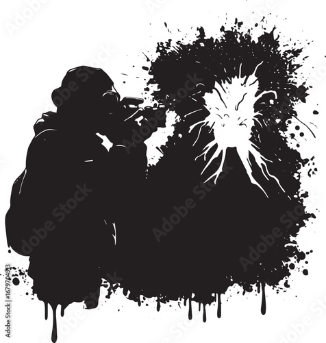 Capturing the eruption, volcanic scene with photographer in gas