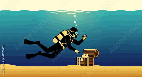 Diver Uncovers Underwater Riches Beside a Wooden Chest in Pristine Ocean Environment