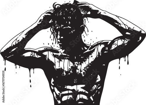 Striking monochrome illustration of a man grooming his wet hair