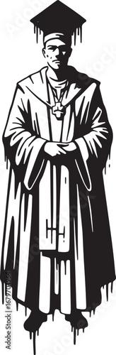 Monochromatic depiction of a figure in ceremonial attire with un