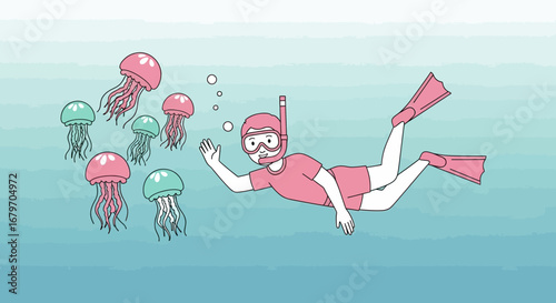 Diver Underwater Interacting With Jellyfish in Ocean Waters With Playful Illustrations
