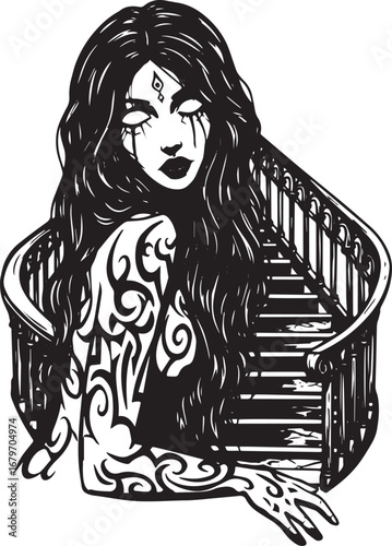 Ethereal beauty: A woman with arcane markings near an ornate sta