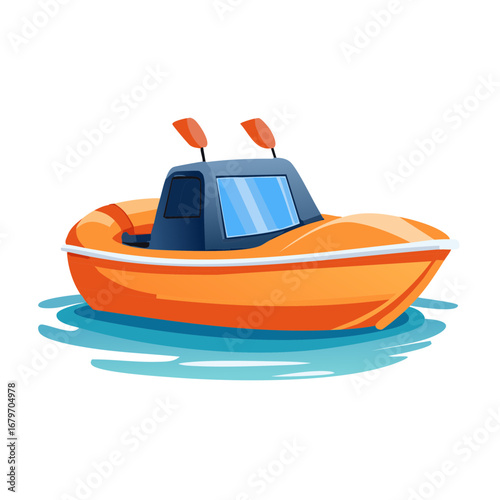 Orange inflatable boat with blue cabin and twin orange antennas on water