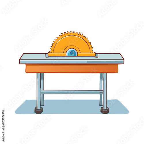 Illustrative table saw on a workbench or table in a workshop with a sharp blade for cutting wood and carpentry