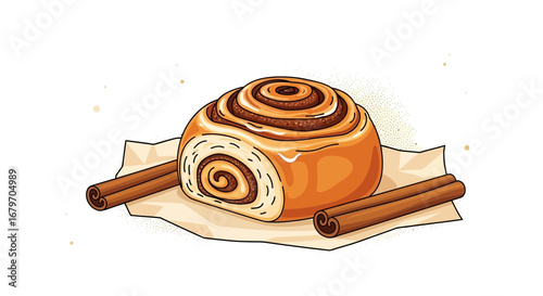 Delicious Cinnamon Roll And Spice Sticks On Paper With Warm Bakery Theme