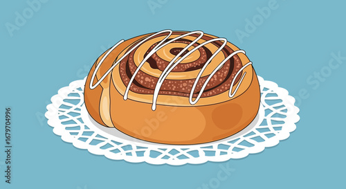 Delicious Cinnamon Roll Artfully Presented On A Decorative Doily, Soft Blue Backdrop