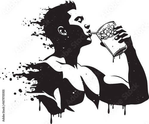 Abstract Silhouette of a Man Drinking Smoothie with Splatter Eff