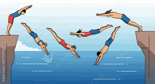 Divers Leap Into The Water, Embracing Summer Fun And Seeking Adventure In The Sunlight