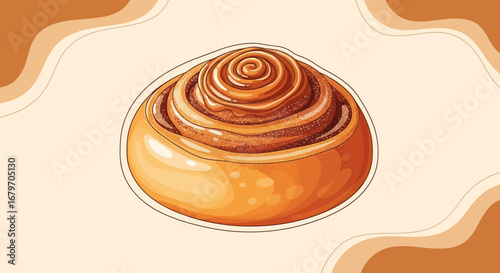 Delicious Cinnamon Roll Illustration On Beige Background with Modern Graphic Detail