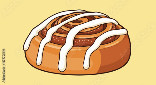 Delicious Cinnamon Roll Illustration With Icing Drizzled, Isolated on a Yellow Background