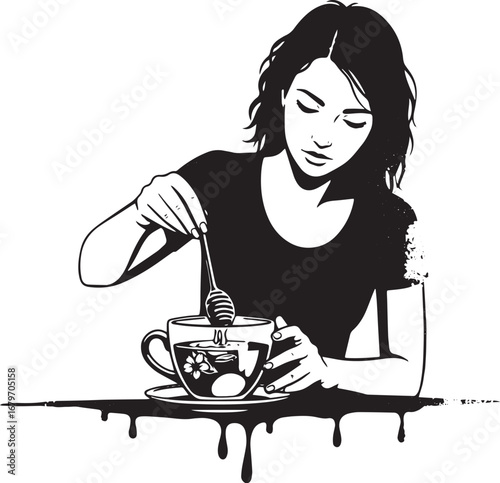 Woman stirring honey into her tea, creating a cozy and comfortin