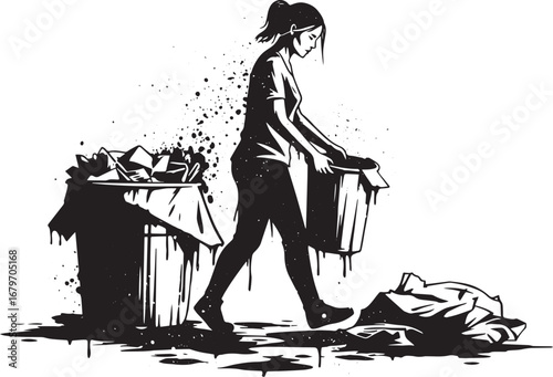 Silhouette of woman sorting through garbage, waste management co