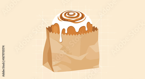 Delicious cinnamon roll in a brown paper bag illustration on a cream background