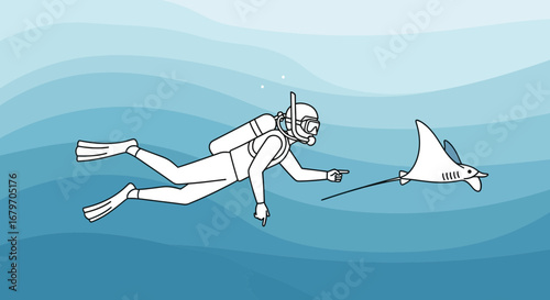 Diver's Underwater Exploration With Manta Ray In Ocean, Vector Illustration