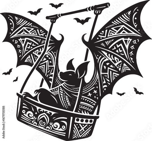 Artistic Illustration of a Bat Riding in a Wing-Shaped Gondola with Surrounding Bats