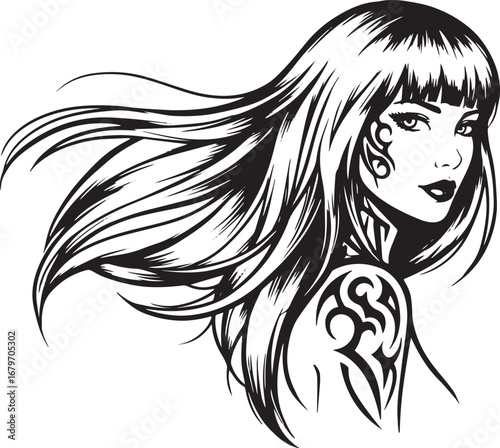 Stylized portrait of a beautiful woman with flowing hair and tri