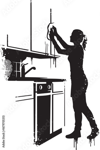 Abstract monochrome image depicting woman cleaning in kitchen se