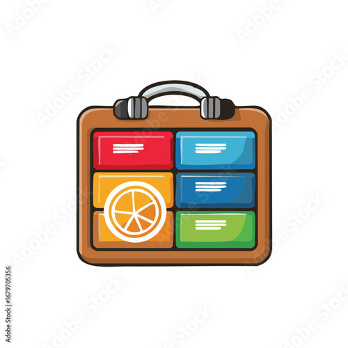 Abstract business infographic clipboard with colorful compartments and orange slice symbol