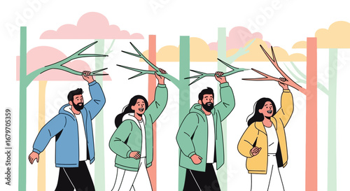 Diverse Group Of People Enjoying Nature With Branches Underneath Colorful Sky
