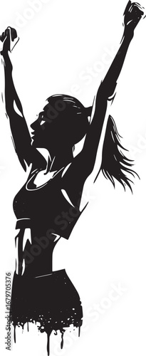 Silhouette of a sporty woman stretching her arms up, expressing