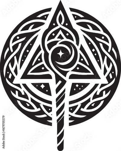 Intricate Celtic Symbol Design Featuring a Triangle, Circle, and Ornate Pattern in Black and White