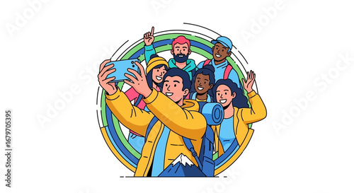 Diverse group of friends taking a selfie during a mountain hiking adventure